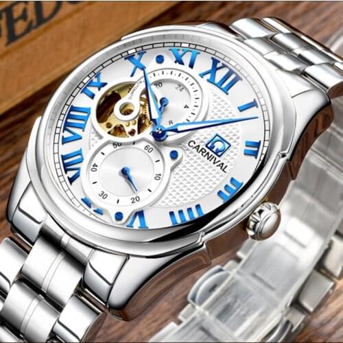 Luxury Carnival watch men skeleton sapphire silver stainless steel waterproof Automatic machin watch relogio masculine