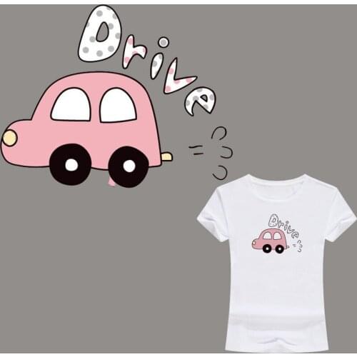 Cute Pink Car Fashion Heat Transfers Drive Letter Pvc Patch Stickers On Clothes Washable Iron Stickers Patch DIY Decoration