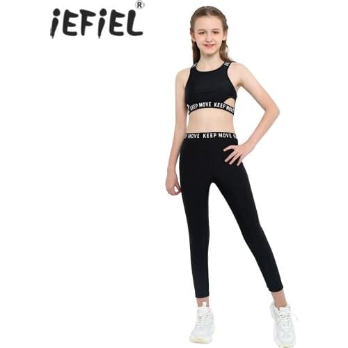 Black Kids Girls Solid Sport Suits Shoulder Strap Sleeveless Leotard Vest High Waist Pants Suit Training Set Dance Wear