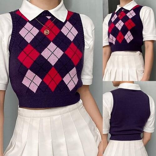 All-match Sweater vest Womens Sweater New Womens Round Neck Diamond Check Sweater Top Sleeveless Vest жилетка гусиная лапка F4