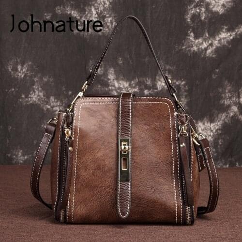 Johnature 2021 New Retro Cow Leather Women Bag Leisure Solid Color Handbag Shoulder Bags Soft Cowhide Female Messenger Bag