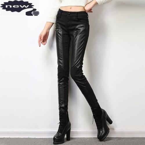 Women Punk Splice Pu Leather Black Elastic Skinny Pencil Sexy Push Up High Waist Trousers Female Winter Fleece Pants