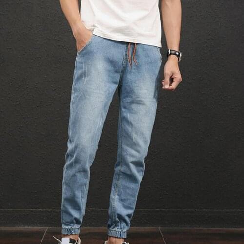 Plus Size Casual Men Jogger Mens Comfy Stretch Drawstring Elastic Waist Regular Fit Denim Jeans Pants Light Blue Denim Pants