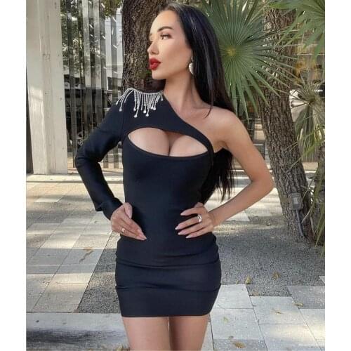 Summer 2021 Women Sexy One Shoulder Crystal Diamonds Red Black White Bodycon Bandage Dress Elegant Evening Party Dress Vestido