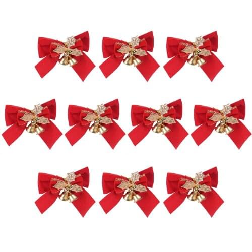 10pcs Decorative Red Christmas Bows Hanging Bowknot With Bell Christmas Tree Ornaments New Year Xmas Party Gift Decor