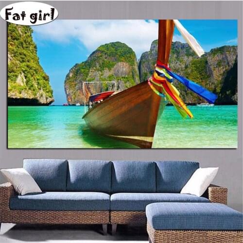 5D diy Boat in Beaches Landscape Painting diamond painting Rhinestone mural mosaic modern decor embroidery cross stitch wall art