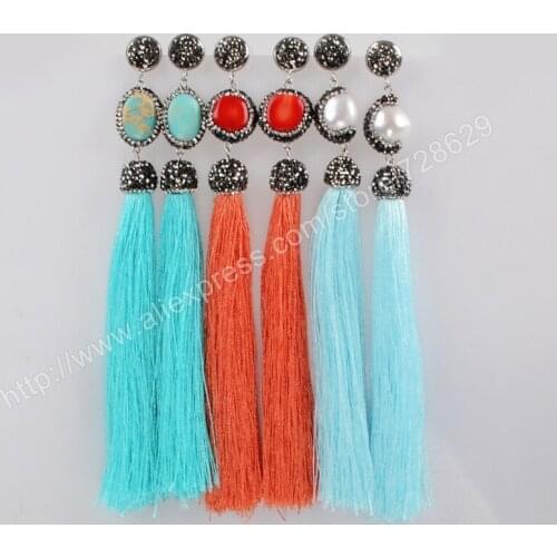 BOROSA Natural Freshwater Pearl Coral Blue Stone Paved CZ Bead Long Tassel Earrings Gems Jewelry for Women JAB519