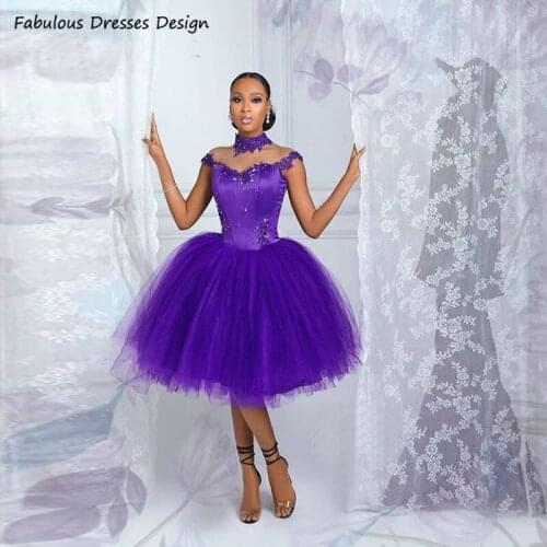 Dreamlike Purple Knee Length Bridesmaid Dresses 2021 High Collar Illusion Wedding Party Dress African Applique Lace Crystal