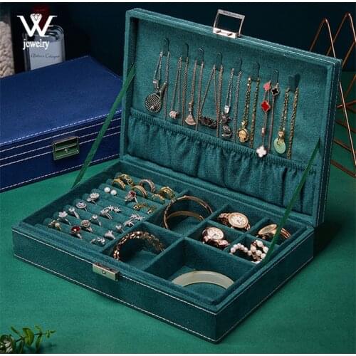 WE Green Velvet Double-layers Portable Multi-functional Necklace Ring Bracelet Jewelry Boxes Fashion Earring Holder Organizer