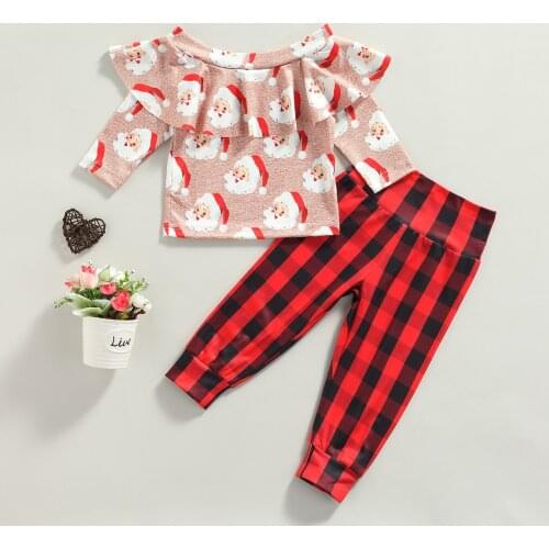 FOCUSNORM Lovely 2PCS Infant Baby Girls Clothes Sets Santa Printed Long Sleeve Ruffles T Shirts Plaid Pants Xmas Outfits