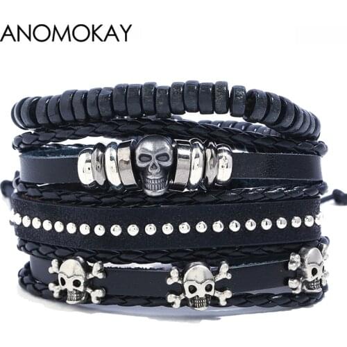 2019 HOT Punk Style Skull Bead Wrap Bracelet & Bangle Black PU Leather Strap DIY Jewelry Bracelet Set Vintage for Men Women Gift
