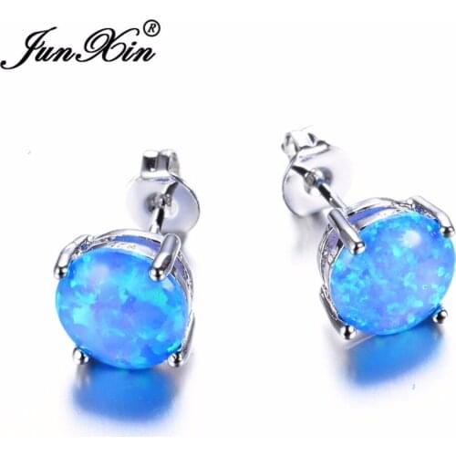 JUNXIN Female White/Blue/Pink/Purple Round Fire Opal Stud Earring Silver Color Jewelry Double Earrings For Women