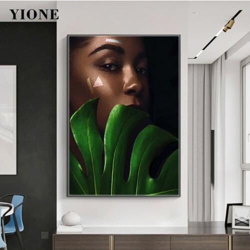 Black Woman with Leaf Canvas Paintings Modern Fashion Figure Art Posters and Prints Wall Pictures for Living Room Bedroom Decor