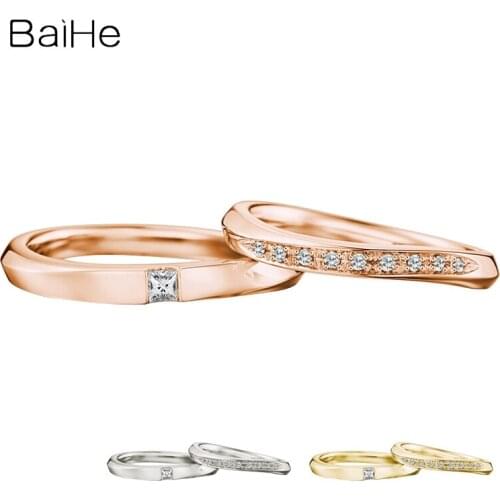 BAIHE Solid 18K White Gold 0.09CT Certified H/SI Round 100% Genuine Natural Diamonds Wedding Women Classic Jewelry Couple Ring