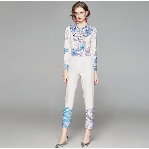 Menahem Fashion Designer Suit Trousers Women Full Sleeve Ruffles Shirt Blouse + Pocket Long Pant Floral Print Two Pieces Set