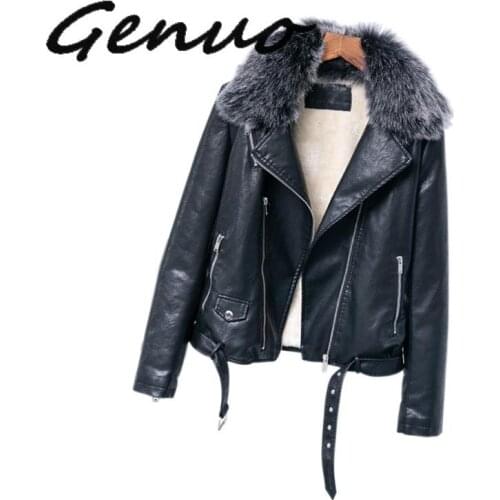 Faux Leather PU Jacket Women Winter Autumn Fashion Bomber Motorcycle Fur Lined Jacket Collar Detachable Warm Outerwear Black