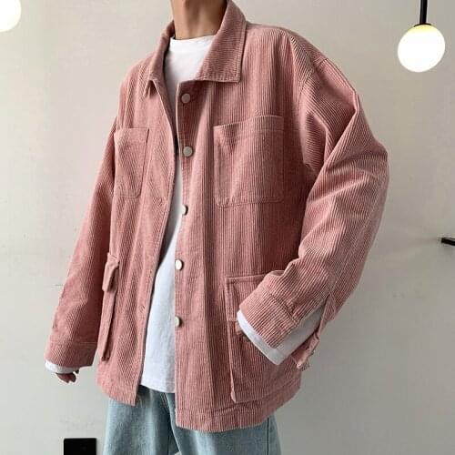 Winter Hong Kong Style Fashion Streetwear Mens Corduroy Jacket Solid Color Loose Lapel Student Casual Outerware2021 Autumn