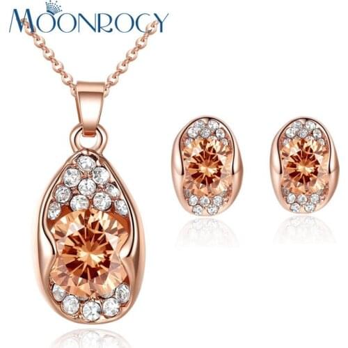 MOONROCY Free Shipping Rose Gold Color Austrian Yellow CZ Crystal Necklace and Earring Jewelry Set for Women gift