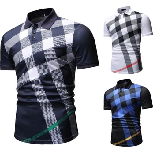 Summer 2019 Mens Striped Checked Casual POLO with Lapel Collar Polo