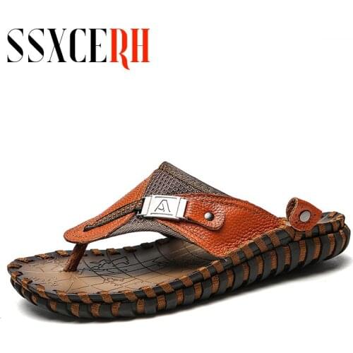 New Brand Summer Mens Slippers Sandals Casual Shoes Moccasins Genuine Leather Rome Beach Sandals Men Metal Flip Flops Slippers
