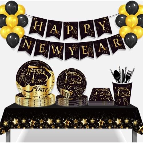Black Gold Happy New Year Party Champagne Wine Theme Disposable Tableware Sets Plates Cups Latex Balloons Globos Party Favors