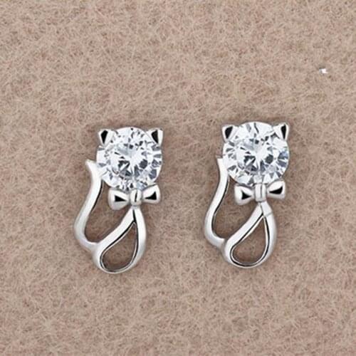 Top Quality Silver Plated Earrings For Women Party Accessories Charm Crystal Cat Stud Earrings For Girl Birthday Accessories