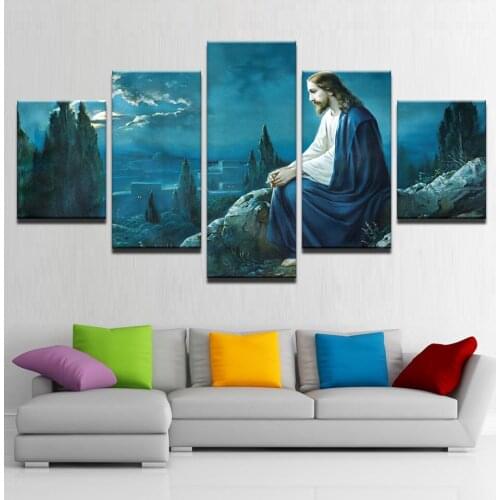 Printed Canvas Posters Home Decor 5 Pieces Jesus Dusk Landscape Paintings Modular Living Room Wall Art Pictures Framework