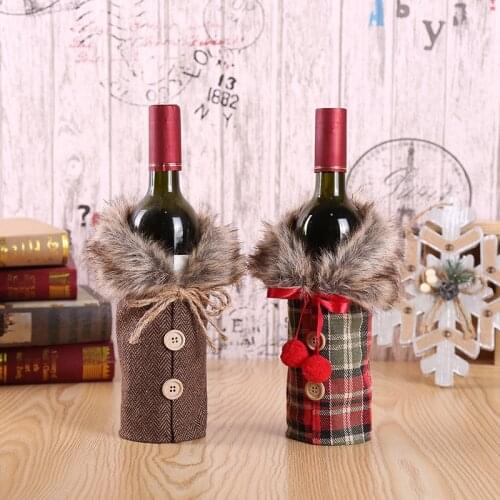 Christmas Decorations Burlap Fur Collar Red Wine Bottle Cover Holiday Decoration Props Home Dinner Party Table Decors