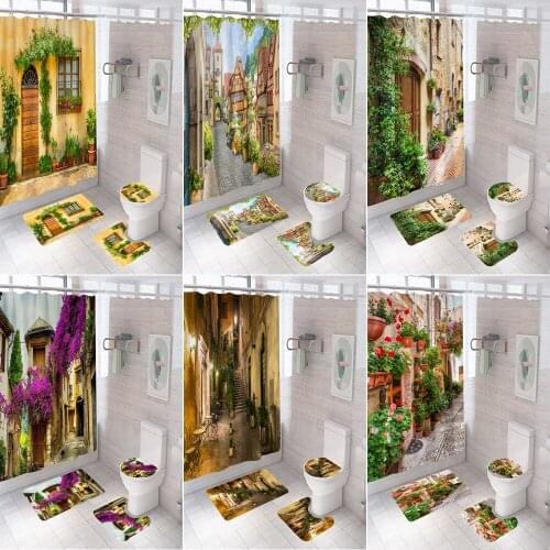 Garden Alley Shower Curtain Set Nordic Street Print Bathroom Curtains Anti-skid Rugs Toilet Lid Cover Carpet Bath Mat Sets