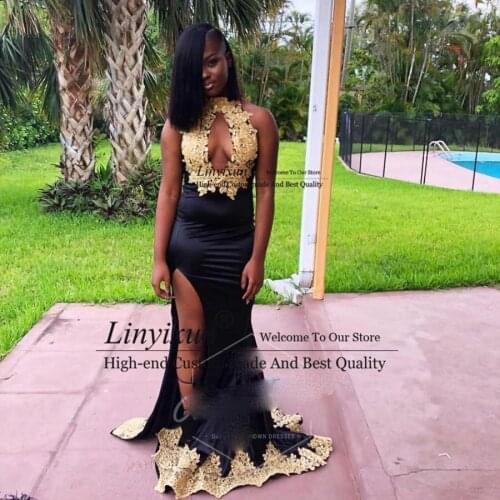 Sexy Black Prom Dresses 2021 For Black Girls High Neck Gold Lace Appliques Keyhole Front Mermaid Met Gala Evening Dresses
