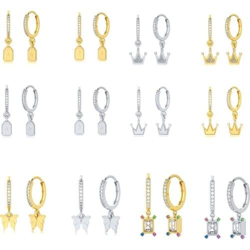 Canner 1 Pair Pendientes Crown Stars Shape Hanging Hoop Earrings For Women Real 925 Sterling Silver Piercing Women Jewelry