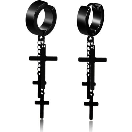 1Pc Stainless Steel Cross Pendant Earrings For Women/Man Three Crosses Chain Tassel Ear Clip Earrings Hip-hop Gothic Ear Jewelry