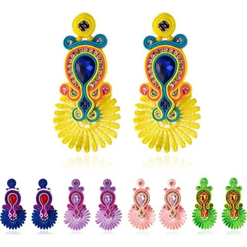 Soutache weaving Lace Dangle earrings for women Fashion fine shiny crystal Colorful Long Earring blue pink violet beautiful gift