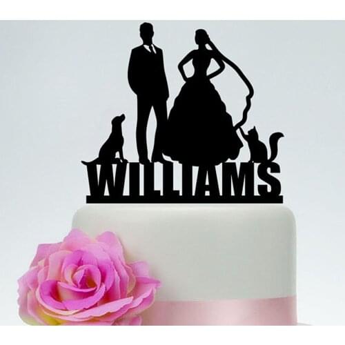 Wedding Cake Topper with Last name,Custom Acrylic wood Cat and Dog Cake Topper,Pet Bride and groom Cake Topper,Couple Silhouette