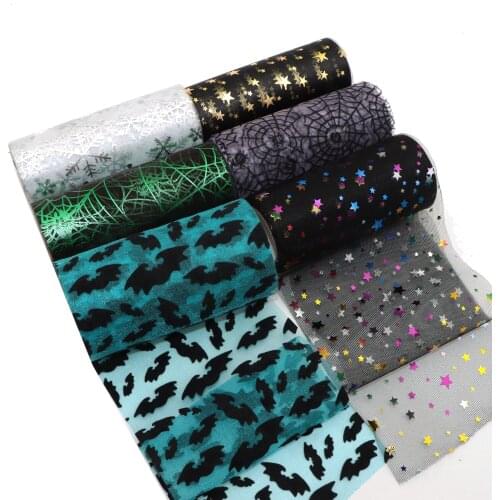 5" 10yards Halloween Spider Printed Organza Roll Tulle Fabric Tulle Ribbon Roll by the Yard for Tutus Bows Gifts Packages