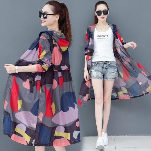 Long Camouflage Sun protection Clothing Women Summer Fashion Long Sleeves Hooded Jacket Female Thin Windbreaker Casual Coat Top