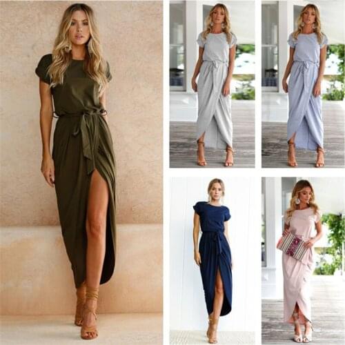 Women Solid Split Sexy Long Dresses Summer Loose O-Neck Short Sleeve Elegant Maxi Dress Female Casual Belt Plus Size Beach Dress