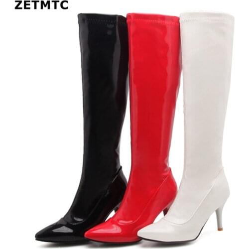 2019 Autumn Knee High Boots Women Zipper Thin High Heel Tall Boots Sexy Pointed Toe Shoes Female New Winter Large Size 33-43