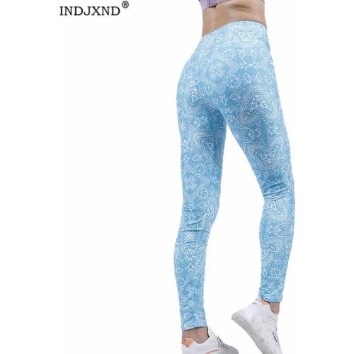 INDJXND Women Sport Pants Sexy Push Up Gym Leggings Running Tights Skinny JoggersLight Blue Geometric Soft Ankle-Length Bottom