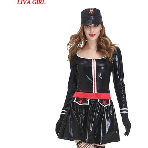 Adult Women Sexy Military Costume Ladies Black Short Dress PVC Cosplay Games Club Fancy Long Sleeves Outfit For Girls