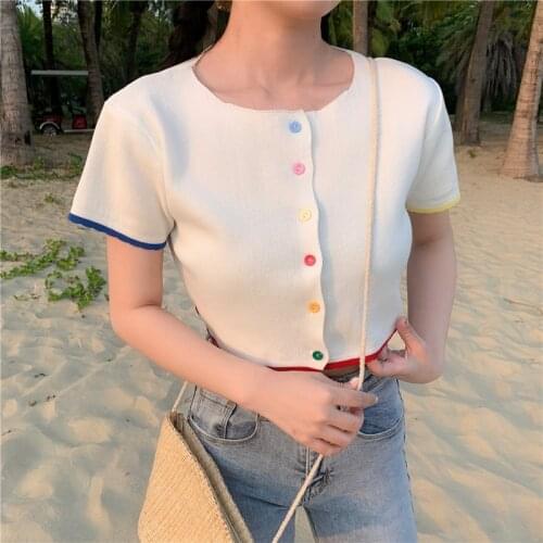 O-Neck Knitted Casual Short Sleeve Thin Sweater Cardigans Women Summer Colorful Buttons Cardigan Shirts Crop Tops For Girls