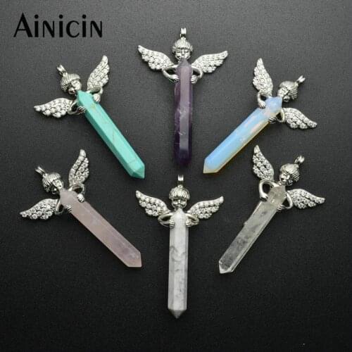 10pcs Mixed Color Natural Smei-precious Stone Sky Angle Cupid Pendants Crystal Pointed Fashion Childrens Gift Jewelry