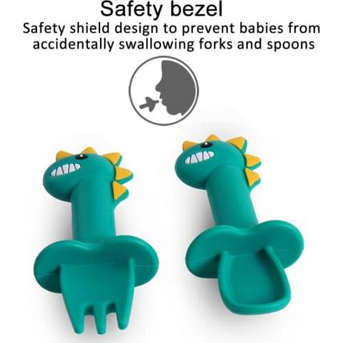2Pcs/Set Cartoon Dinosaur Silicone Teether Toys Anti-slip Feeding Utensils Baby Learn Spoon Fork Set Short Easy Spoon