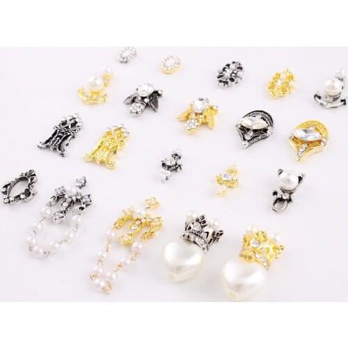 50Pcs/lot Retro Metal Nails Charm Crystal Diamonds Stone Strass Nail Art Decor Pearl Jewelry Nail Accessoires Rhinestones #JE42