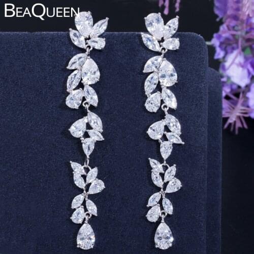 BeaQueen Exquisite Bridal Wedding Dress Jewelry Leaf Long Dangle Drop Earrings for Women Cubic Zirconia Statement Jewellery E291