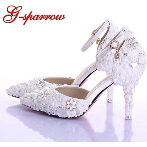 White Imitation Pearl Wedding Shoes Pointed Toe Bridal High Heel Shoes with Ankle Straps Sexy Woman Dress Pumps Plus Size 42