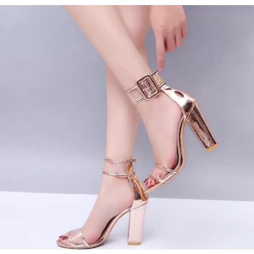 NAUSK Women High Heels Sandals Shoes Ladies Ankle Strap Thin Heels Transparent Summer Sandal Patent Leather Shoes Size 34-43