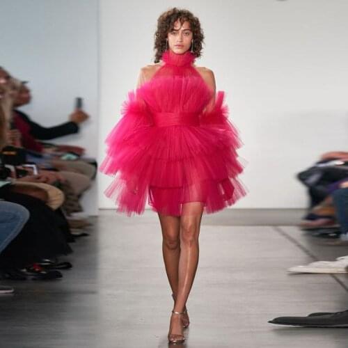 Hot Pink Ball Gown Short Dress For Evening Vestidos Ruffles High Neck robe de soiree Girls Sweet Tulle Dress