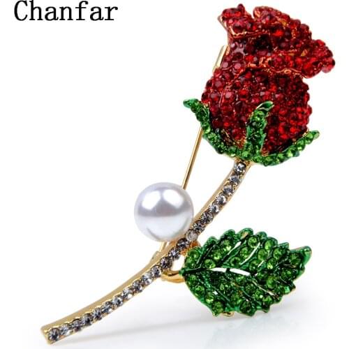 Chanfar Beautiful Crystal Paved Rose Red Flower Brooch Pins Jewelry Women Alloy Brooches Accessories