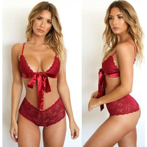 Hot Sell 2pcs set Women Sexy Lingerie Ribbon Lace letter print Push Up Top Bra G-string Underwear Sleepwear Set